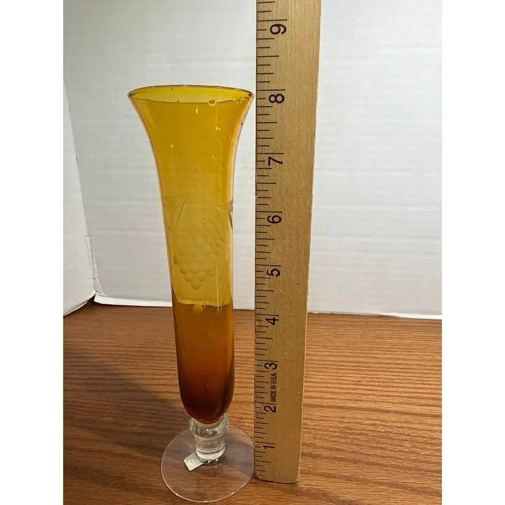 Vintage Amber Glass Bud Vase Etched Floral Clear Pedestal Foot 8